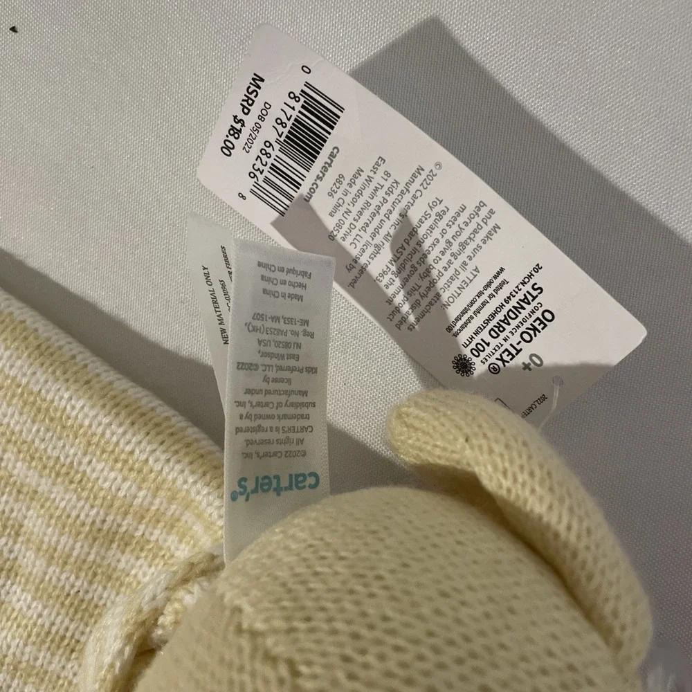 NEW Carters Knit Puppy Dog Security Blanket White &‎ Yellow Striped Baby Lovey - Picture 4 of 5
